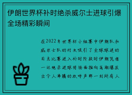 伊朗世界杯补时绝杀威尔士进球引爆全场精彩瞬间